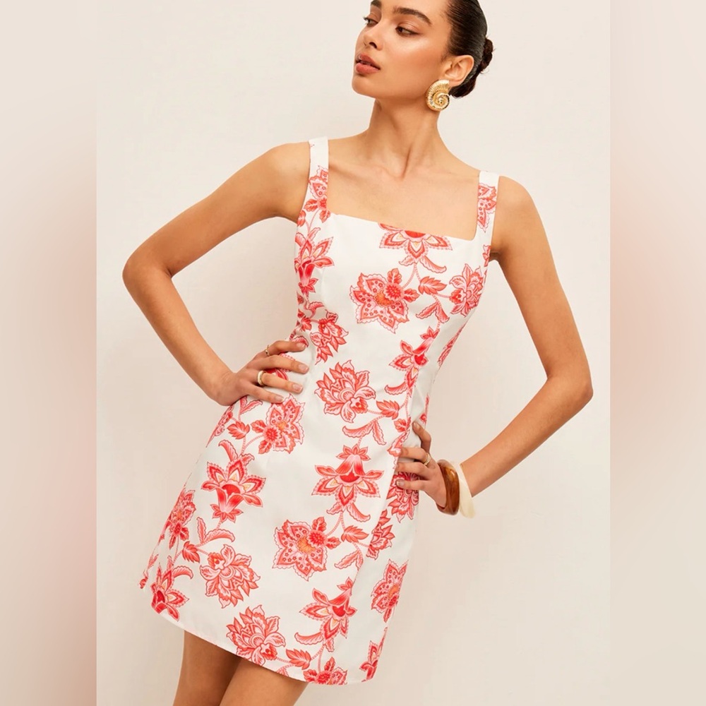 Square Neck White Mini Dress with Coral Floral Print